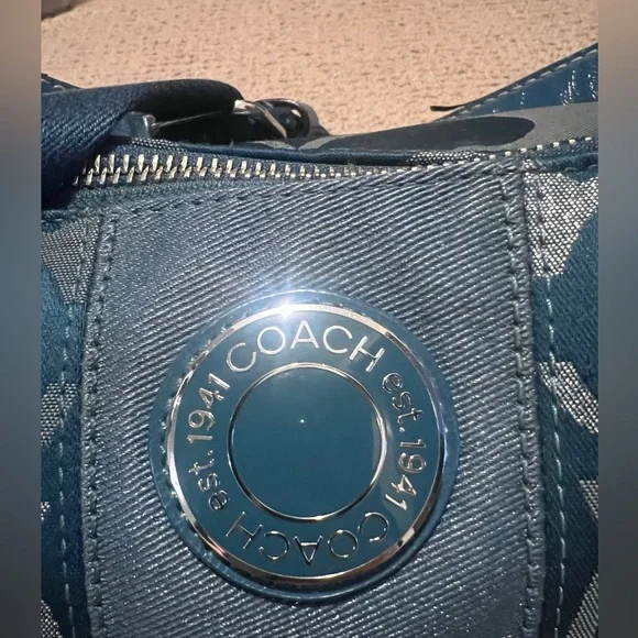 COACH F20428 Signature Handbag Teal Green Silver Jacquard Women Vintage - Picture 11 of 12